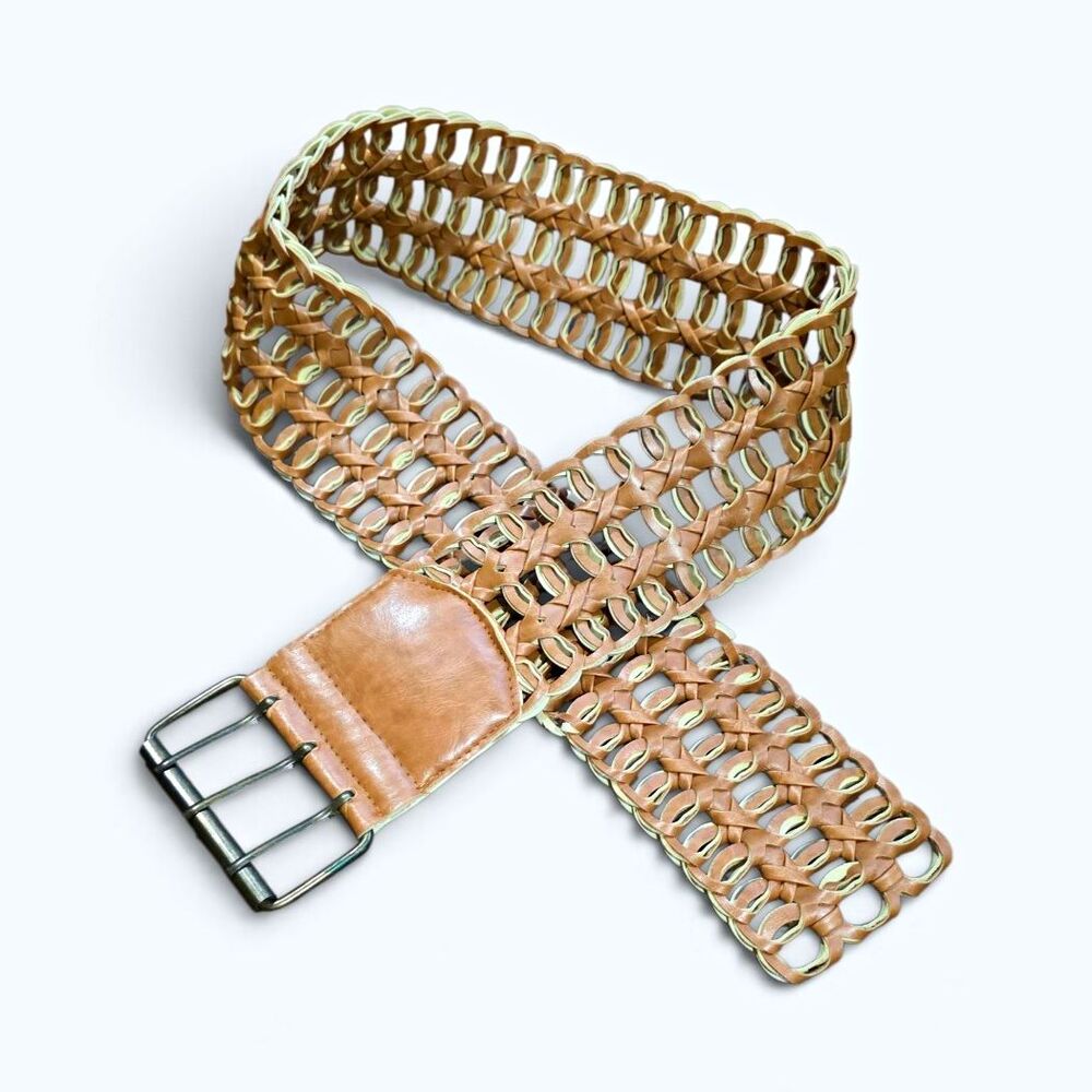 Vintage Y2K Boho Woven Faux Leather Wide Statement Belt Triple Prong M/L
